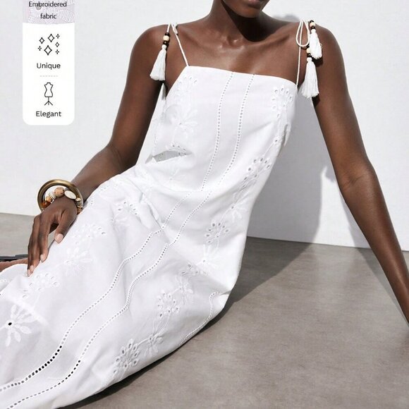 White Casual Women's Cotton Embroidered Long Spaghetti Strap Tassel Beach Dress - Picture 3 of 7